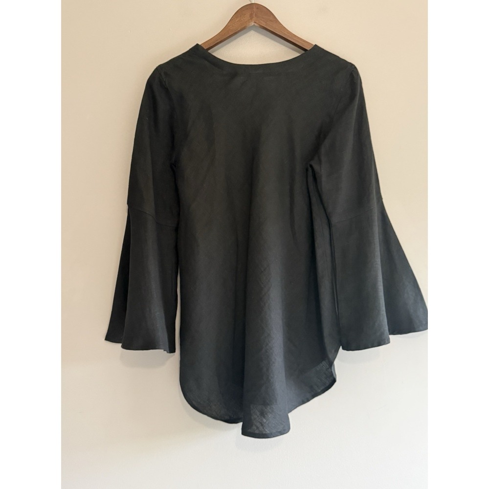 Crown Linen Designs Linen Top Bell Sleeve Black Tunic V Neck Beach Lagenlook M - Picture 7 of 15